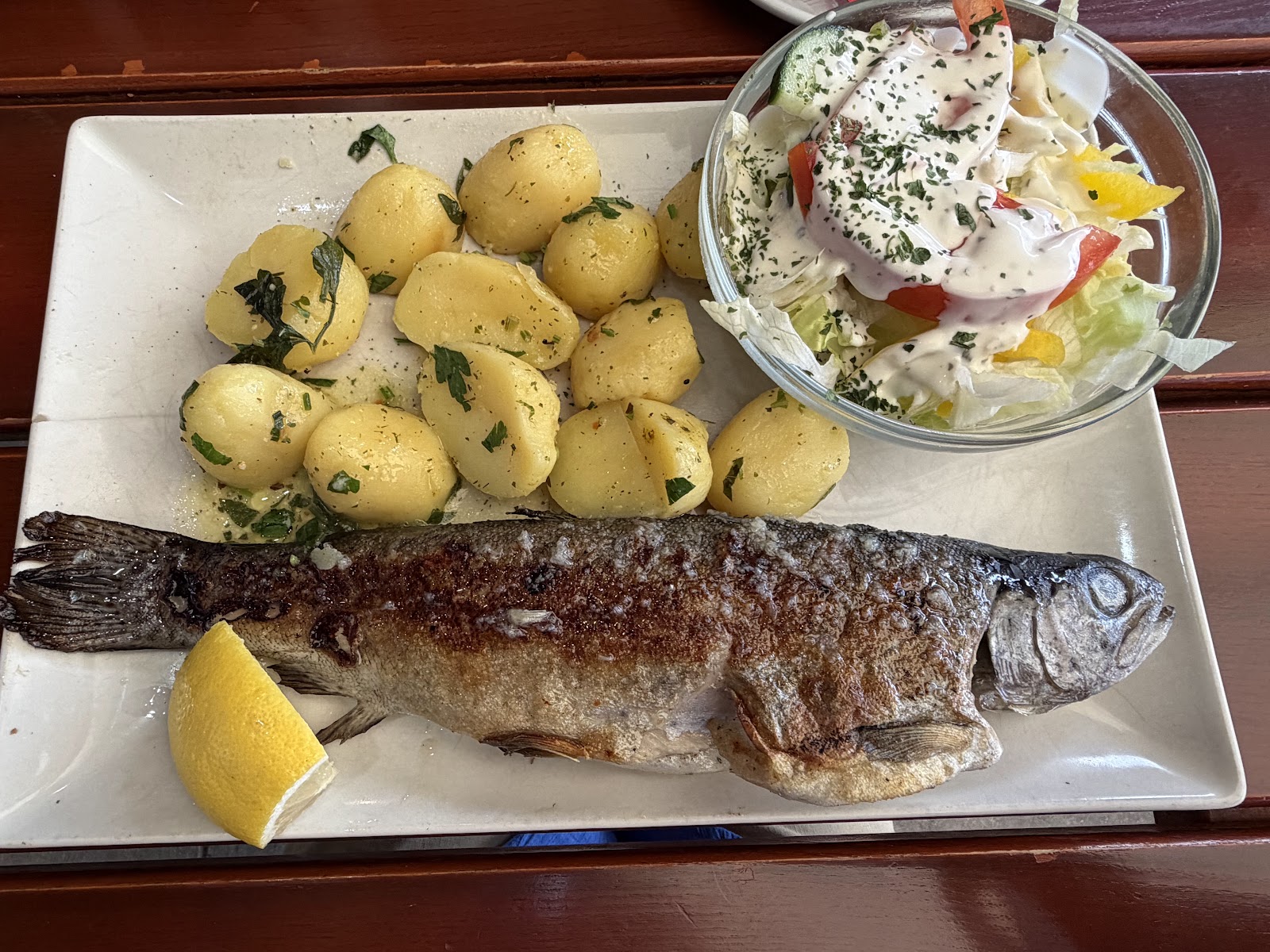 Grilled fish at Schirmbar Hallstatt