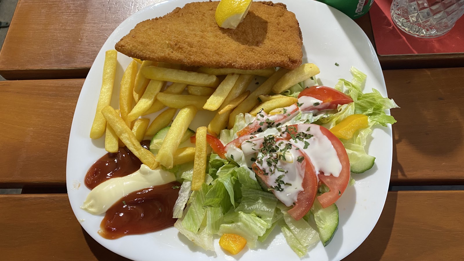 Fried main dish with fries and salad at Schirmbar Hallstatt